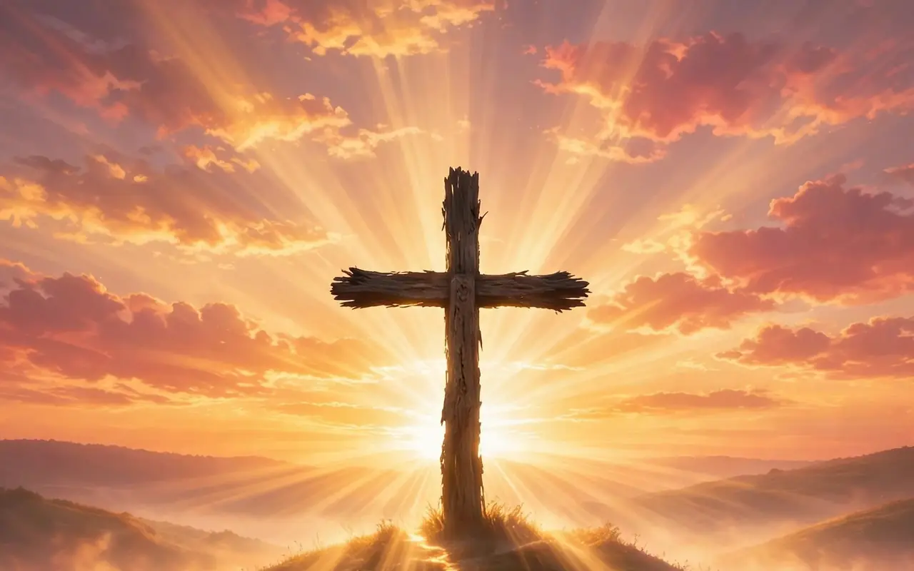 A wooden cross on a hill at sunrise, light streaming over the hills