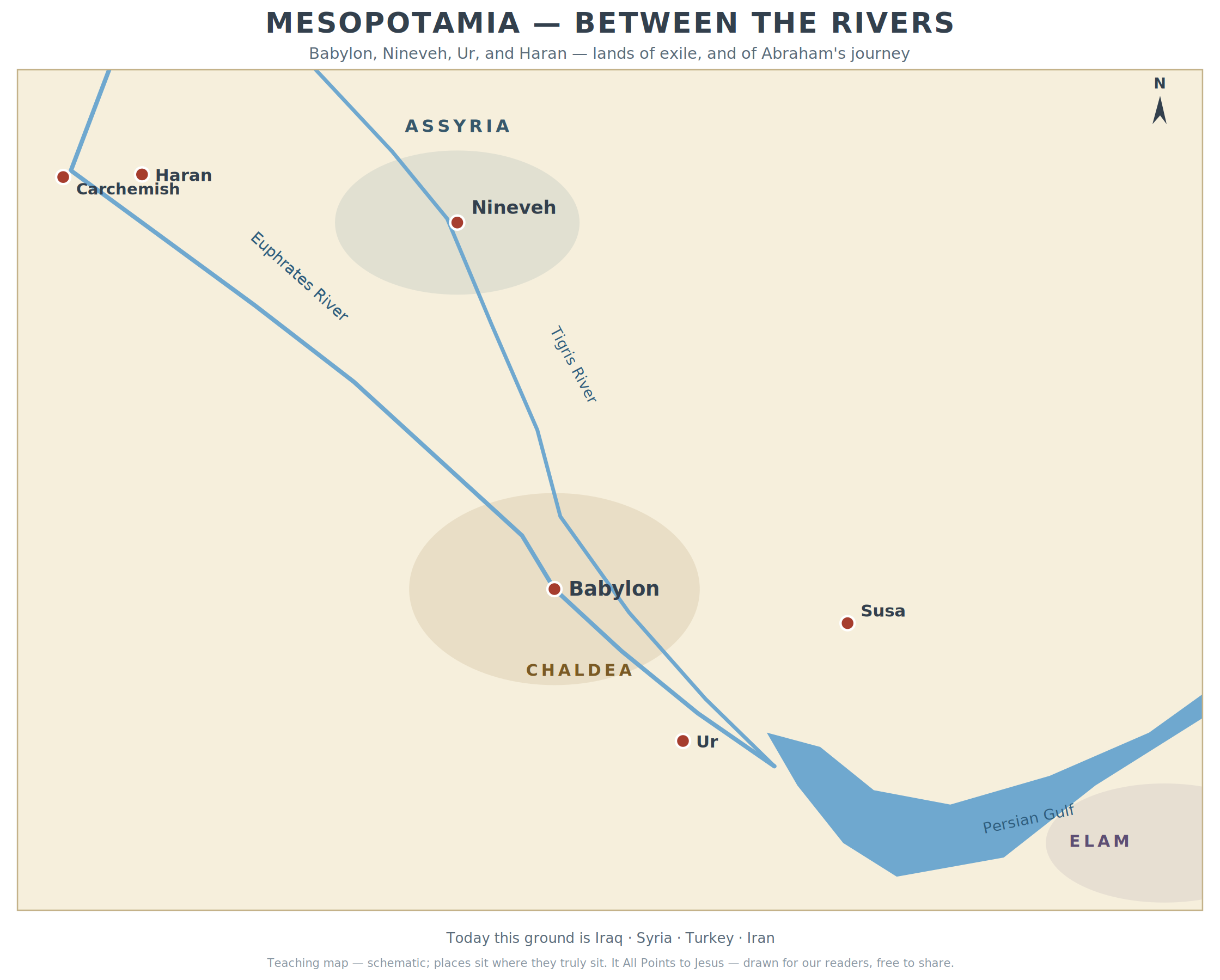 Mesopotamia — Between the Rivers — Babylon, Nineveh, Ur, and Haran — lands of exile, and of Abraham's journey