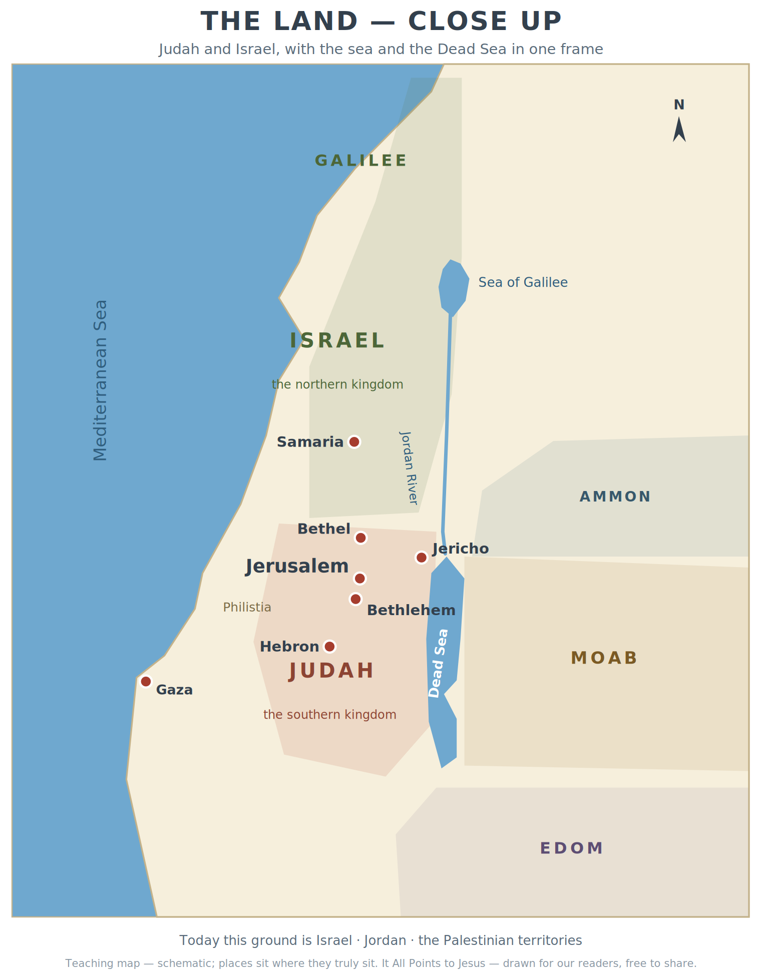 The Land, Close Up — Judah and Israel, with the sea and the Dead Sea in one frame