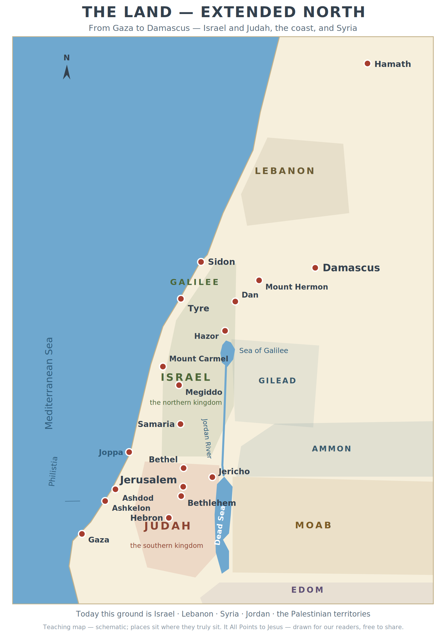 The Land, Extended North — From Gaza to Damascus — Israel and Judah, the coast, and Syria