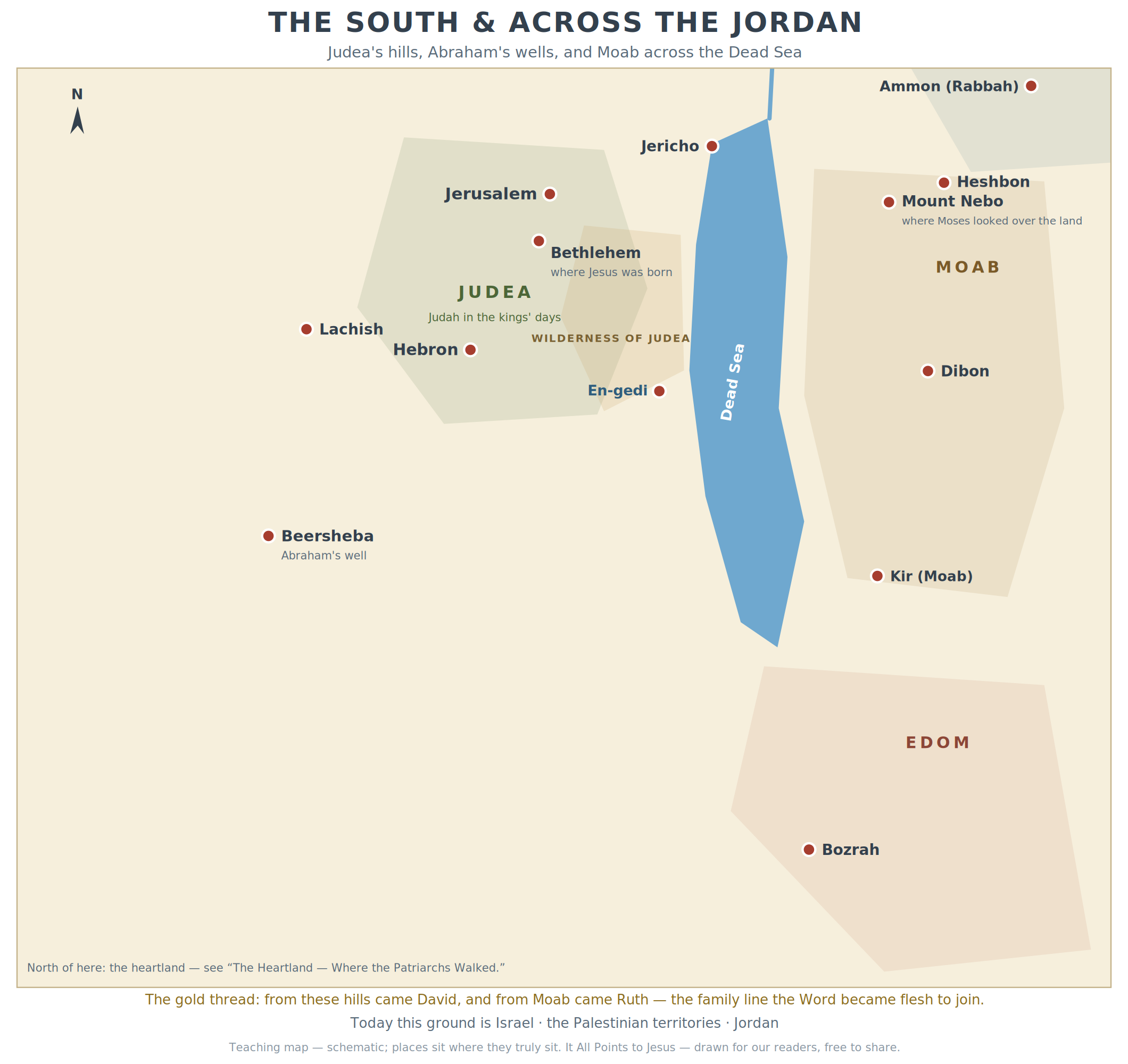 The South and Across the Jordan — Judea's hills, Abraham's wells, and Moab across the Dead Sea